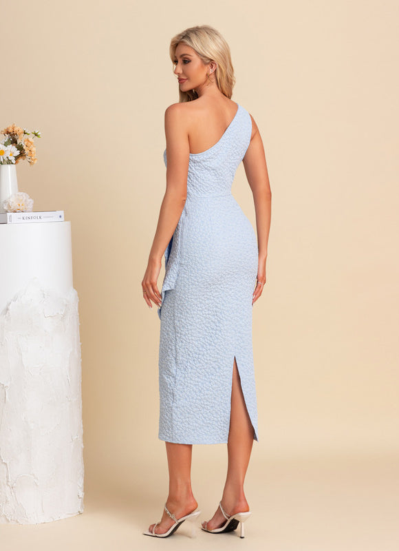 Robe Fourreau Asymétrique Bleu Ciel - gallery 2