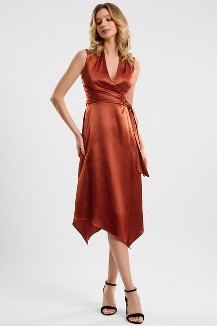 Robe Fourreau Satin Cuivré