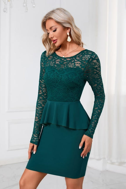 Robe Fourreau Dentelle Péplum Émeraude - gallery 4