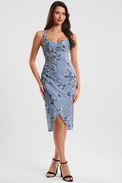 Robe Fourreau Bleue Florale - gallery 1