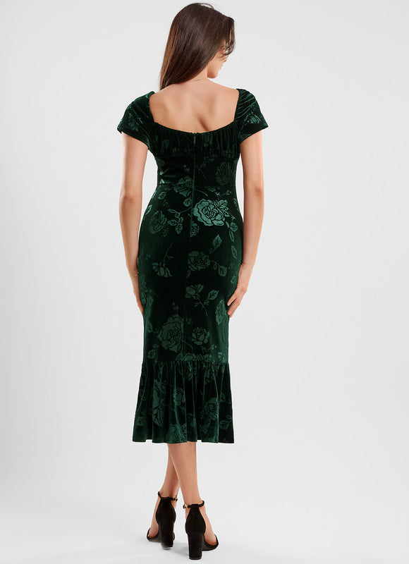 Robe Fourreau Velours Floral Émeraude - gallery 4