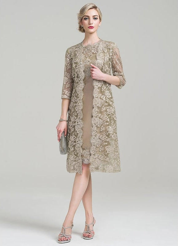 Robe Fourreau Dentelle Beige - gallery 1