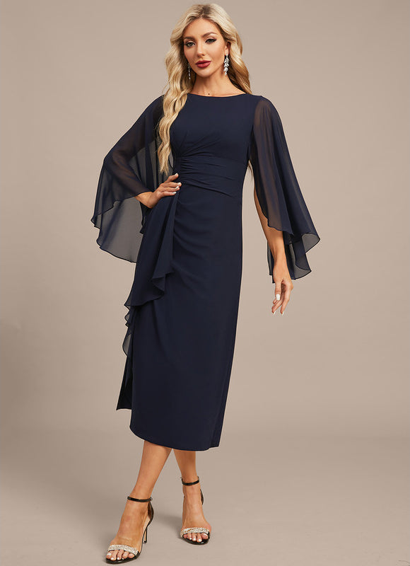 Robe Fourreau Fluide Marine À Manches