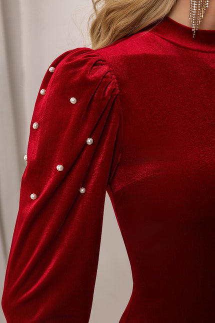 Robe Fourreau Velours Rubis Ornée - gallery 2