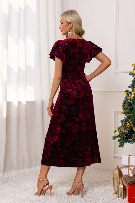 Robe Fourreau Midi Bordeaux Fleuri - gallery 1