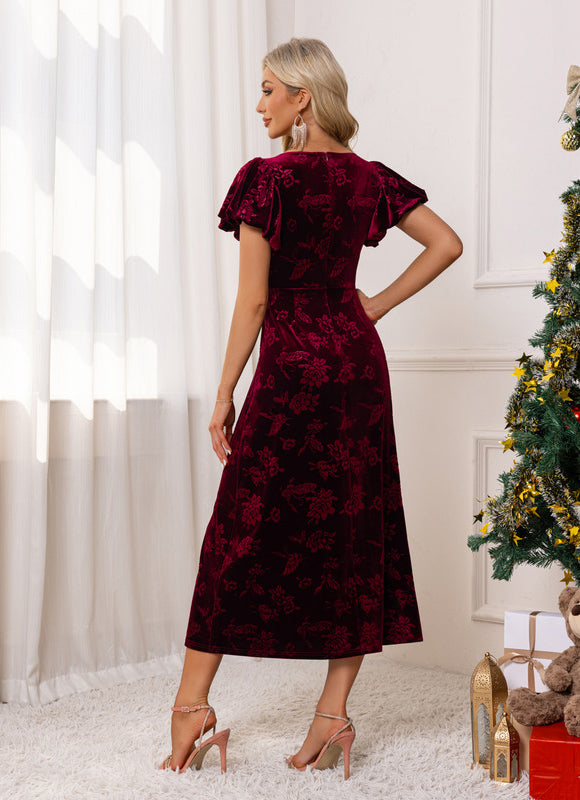 Robe Fourreau Midi Bordeaux Fleuri - gallery 1
