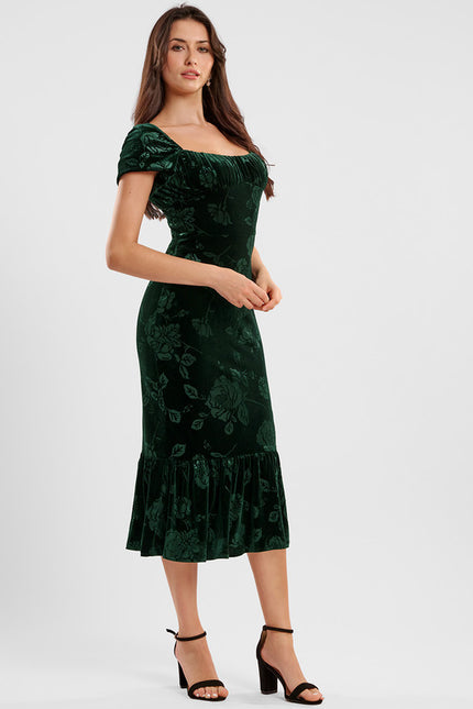 Robe Fourreau Velours Floral Émeraude - gallery 3