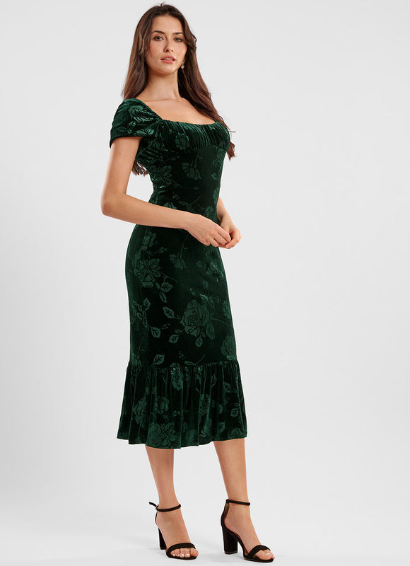 Robe Fourreau Velours Floral Émeraude - gallery 3