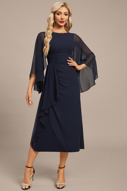 Robe Fourreau Fluide Marine À Manches - gallery 3