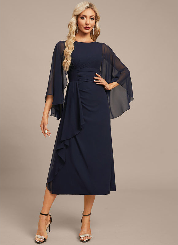 Robe Fourreau Fluide Marine À Manches - gallery 3