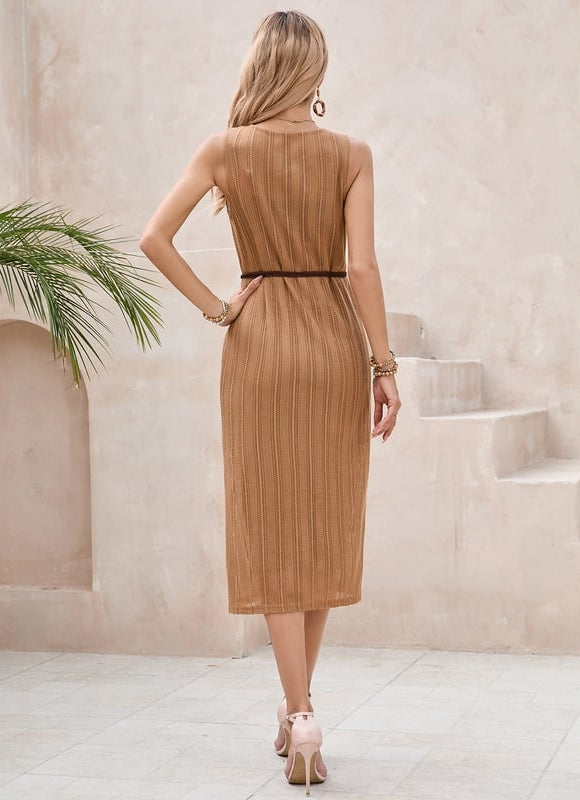 Robe Fourreau Beige Mi Longue - gallery 1