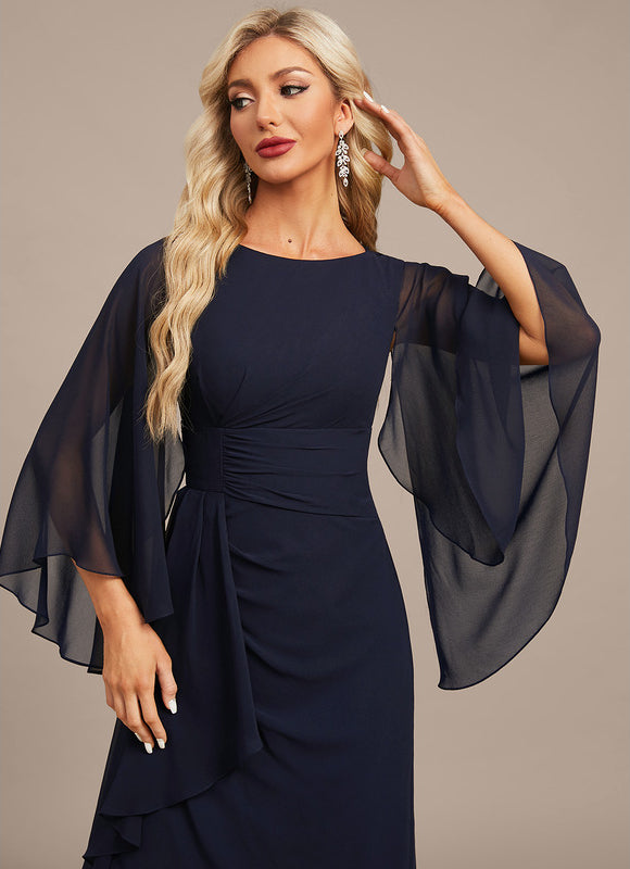 Robe Fourreau Fluide Marine À Manches - gallery 1