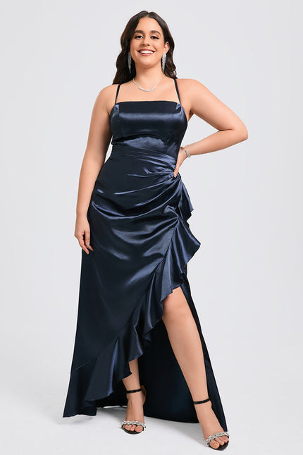 Robe Fourreau Satin Bleu Nuit - gallery 8