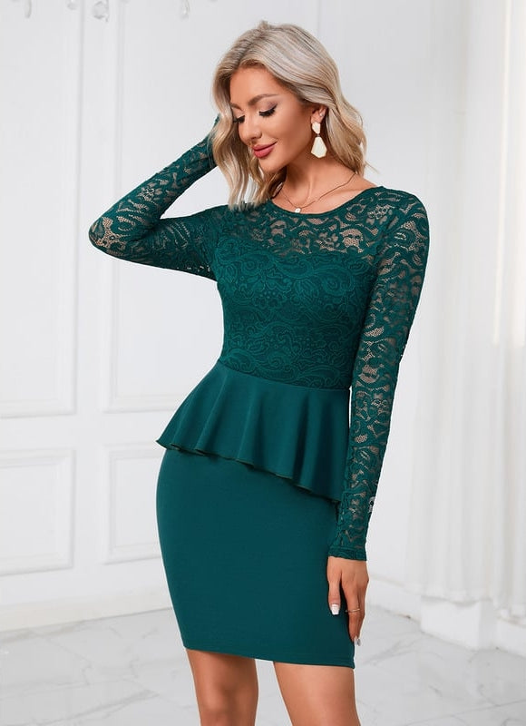 Robe Fourreau Dentelle Péplum Émeraude
