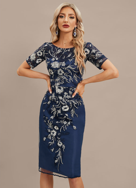 Robe Fourreau Marine Brodée