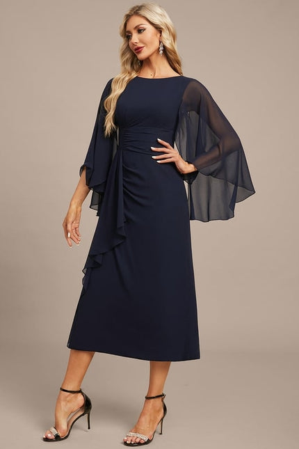 Robe Fourreau Fluide Marine À Manches - gallery 5