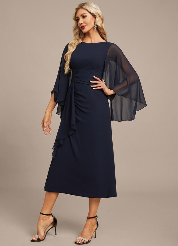 Robe Fourreau Fluide Marine À Manches - gallery 5