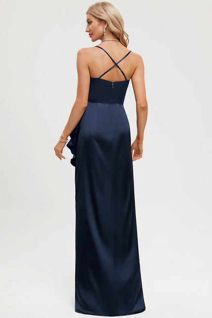 Robe Fourreau Satin Bleu Nuit - gallery 5