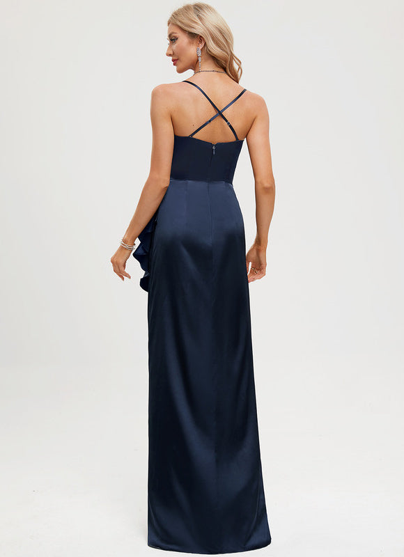 Robe Fourreau Satin Bleu Nuit - gallery 5