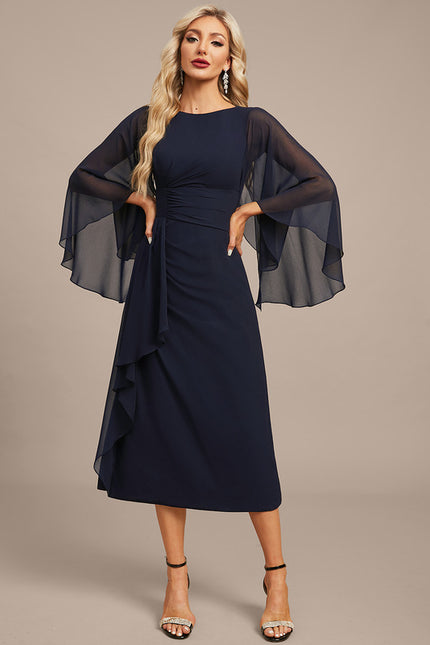 Robe Fourreau Fluide Marine À Manches - gallery 2