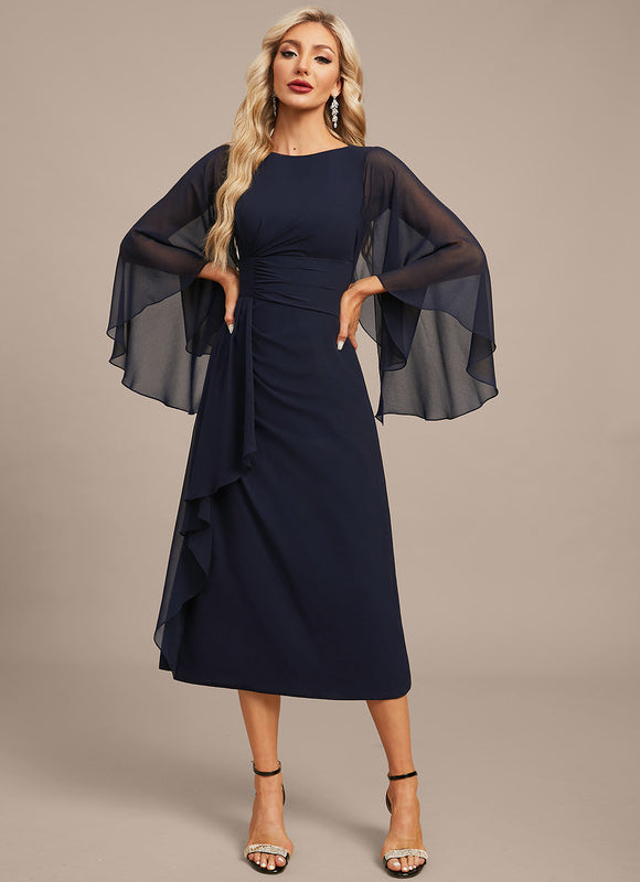 Robe Fourreau Fluide Marine À Manches - gallery 2