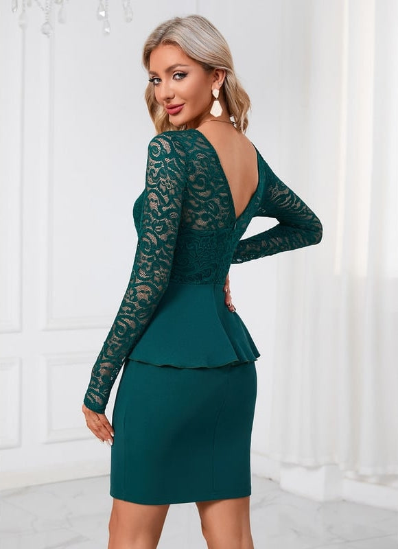 Robe Fourreau Dentelle Péplum Émeraude - gallery 1