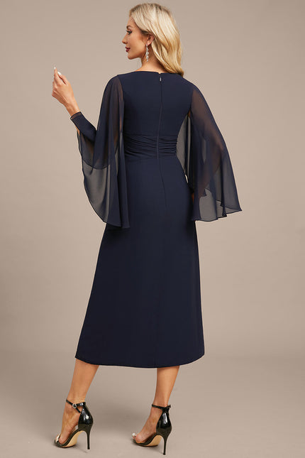 Robe Fourreau Fluide Marine À Manches - gallery 7
