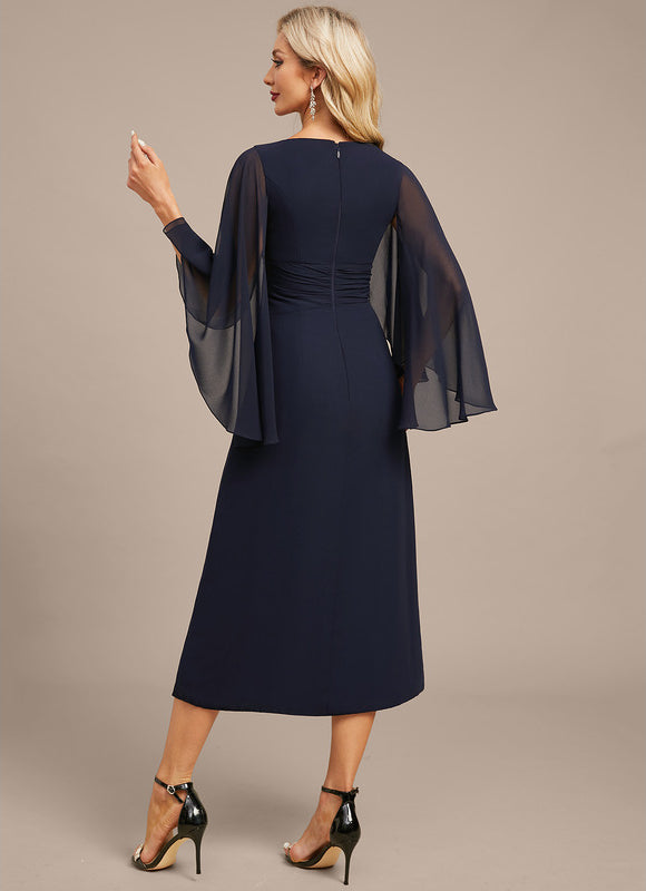 Robe Fourreau Fluide Marine À Manches - gallery 7