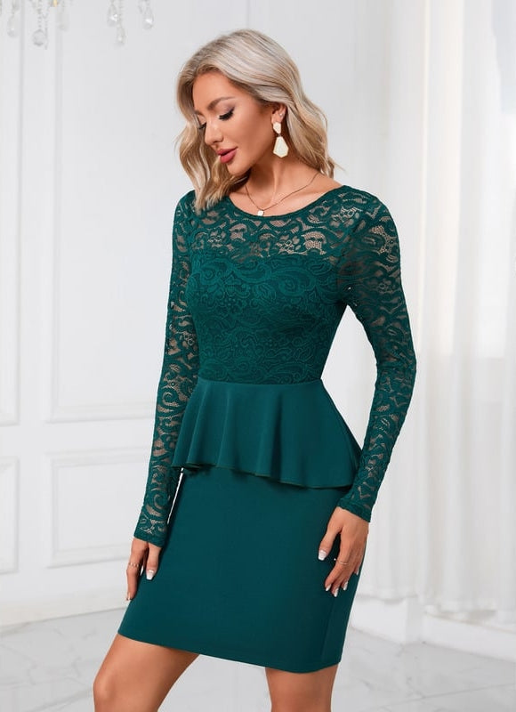 Robe Fourreau Dentelle Péplum Émeraude - gallery 4