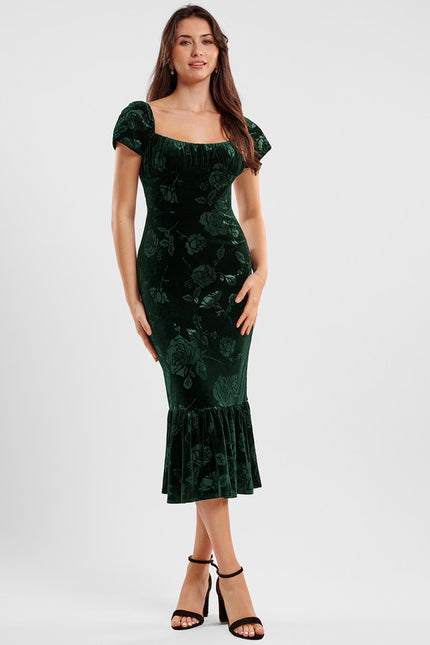 Robe Fourreau Velours Floral Émeraude