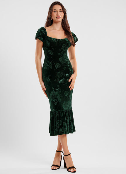 Robe Fourreau Velours Floral Émeraude