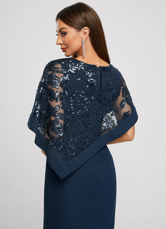 Robe Fourreau Chiffon Marine - gallery 5