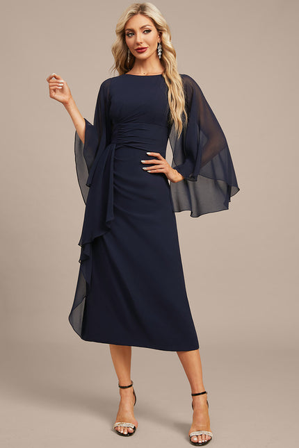 Robe Fourreau Fluide Marine À Manches - gallery 4