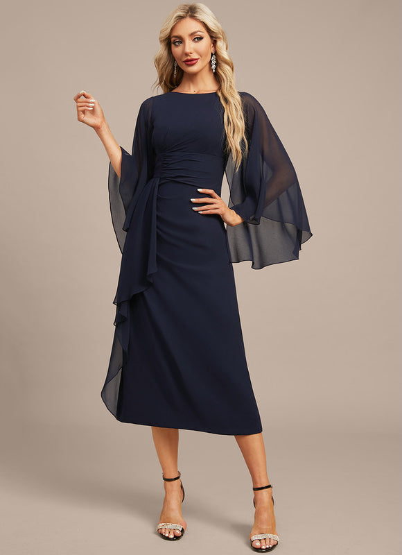 Robe Fourreau Fluide Marine À Manches - gallery 4