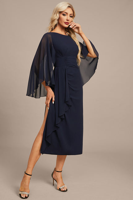 Robe Fourreau Fluide Marine À Manches - gallery 6