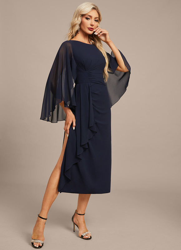 Robe Fourreau Fluide Marine À Manches - gallery 6