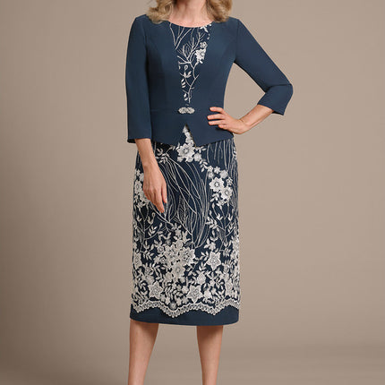 Robe Fourreau Brodée Marine