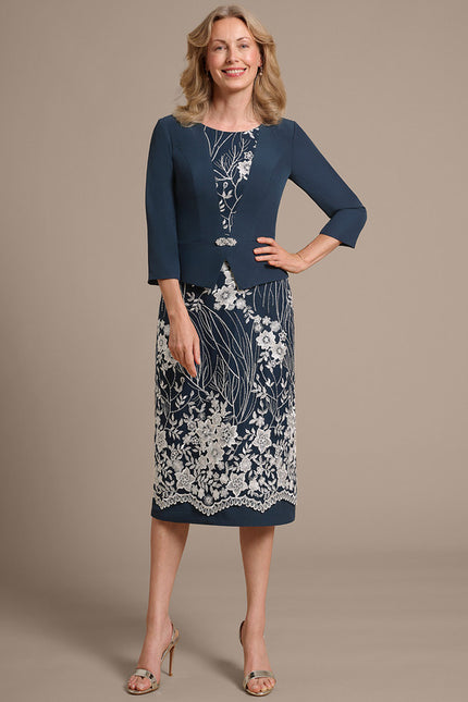 Robe Fourreau Brodée Marine