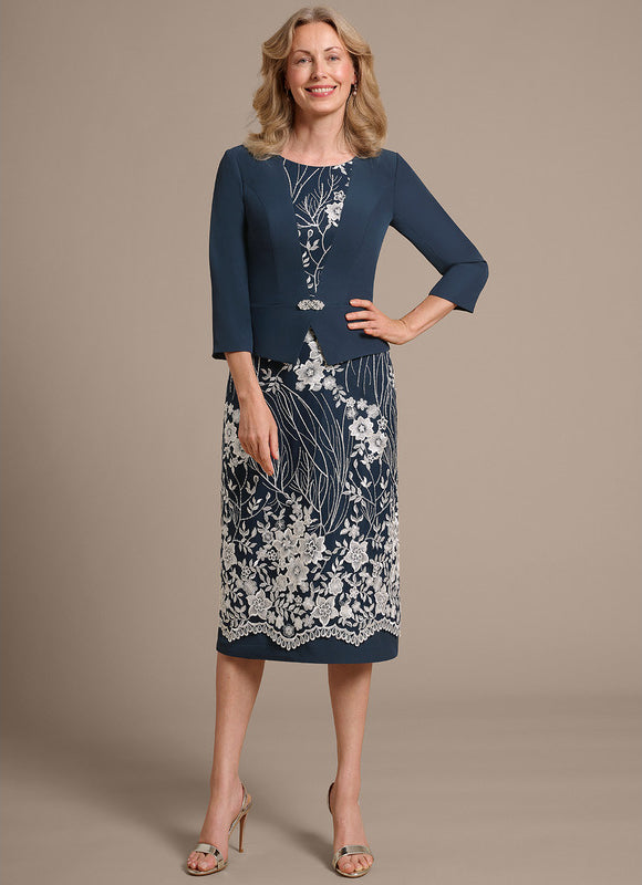 Robe Fourreau Brodée Marine