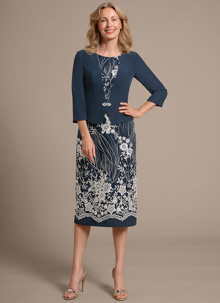 Robe Fourreau Brodée Marine