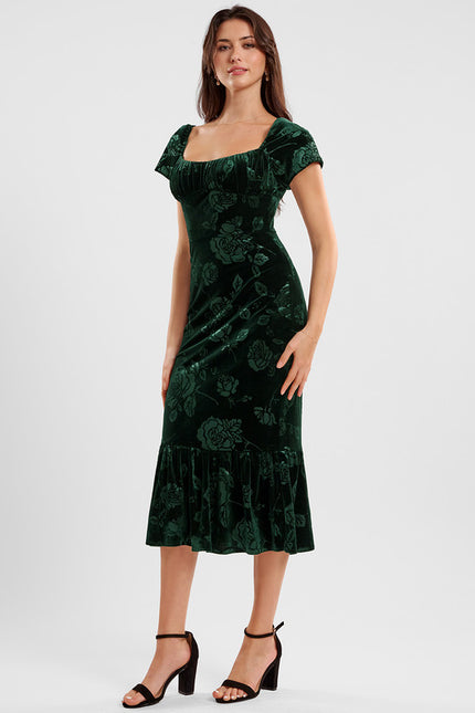 Robe Fourreau Velours Floral Émeraude - gallery 2