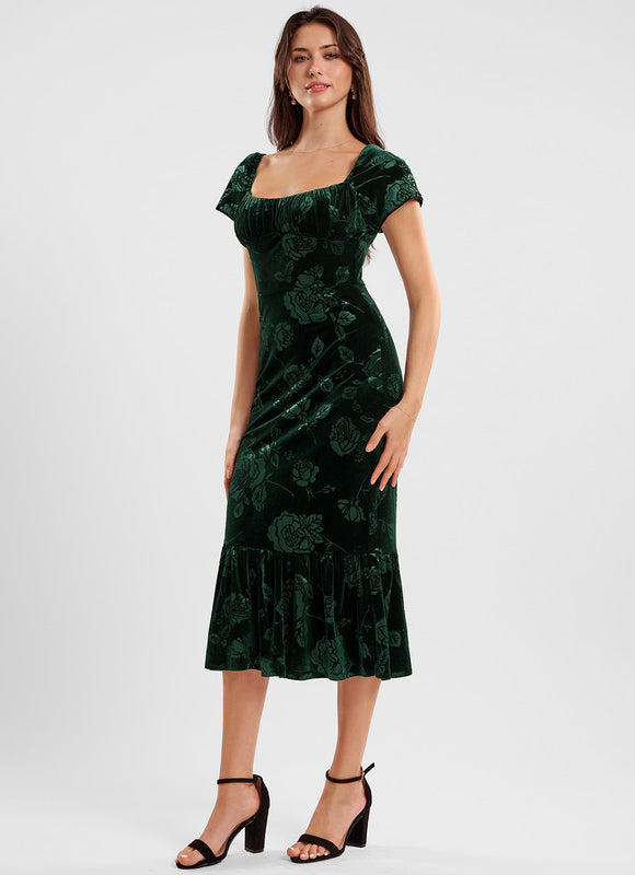 Robe Fourreau Velours Floral Émeraude - gallery 2