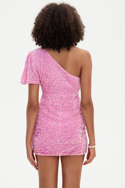 Robe Fourreau Pailletée Asymétrique Rose - gallery 3