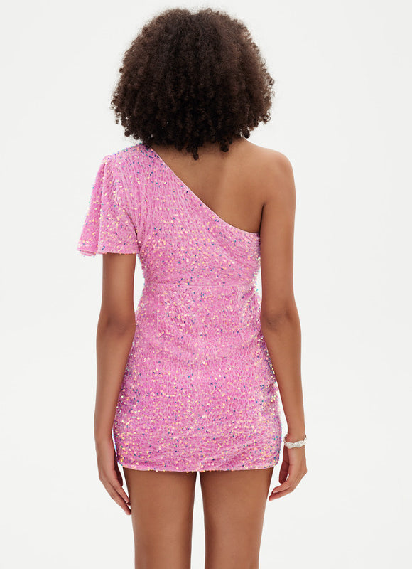 Robe Fourreau Pailletée Asymétrique Rose - gallery 3