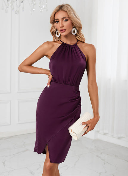 Robe Fourreau Satin Prune